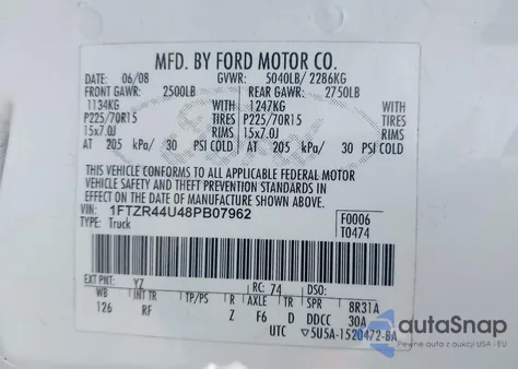 2008 Ford Ranger Xlt z USA, uszkodzony, nr VIN 1FTZR44U48PB07962